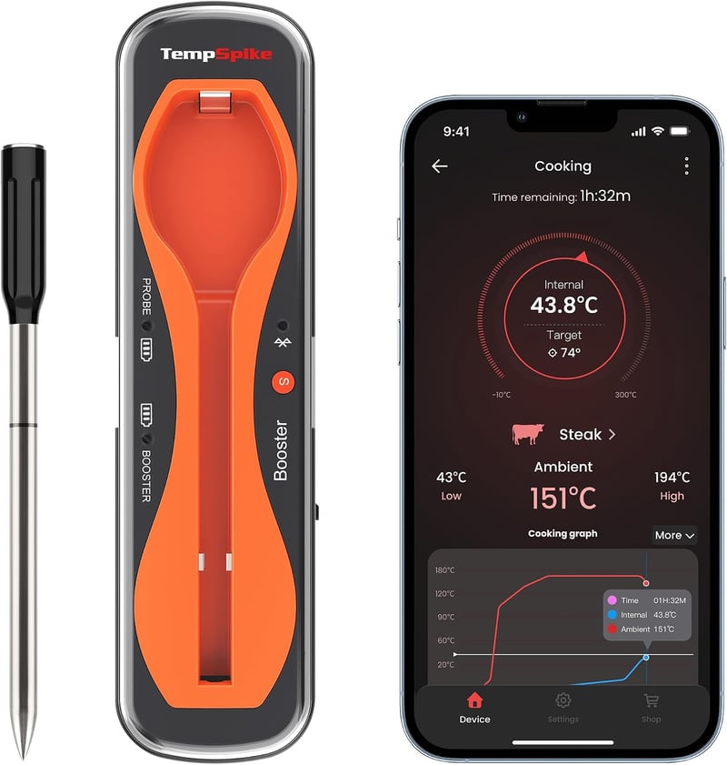 Termometru de bucătărie pentru grătar TempPro cu Bluetooth și aplicație pentru iPhone/Android, reîncărcabil, rază de acțiune 150 m, pentru BBQ