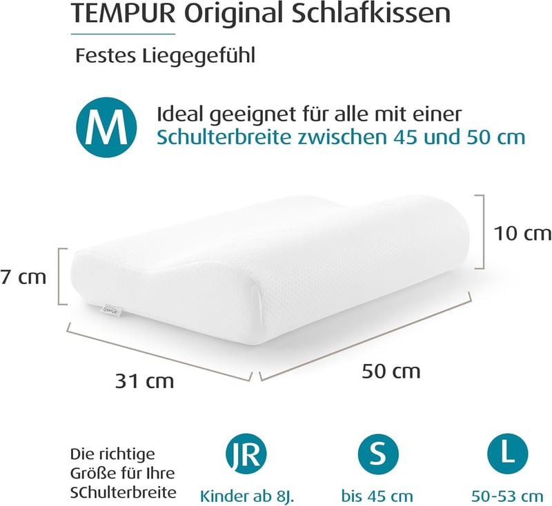 TEMPUR Original Memory Foam Párna Ergonomikus Nyakstámogatással M 50x31 cm Fehér - M (50 x 31 x 10/7 cm), Single