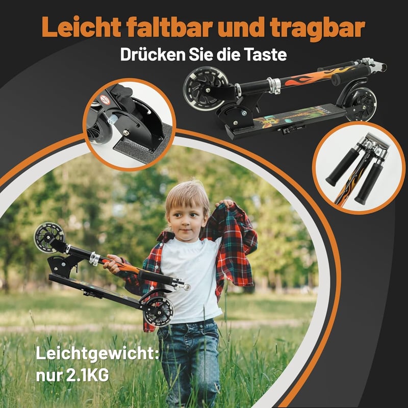 TENBOOM Összecsukható Gyerekroller 3 Éves Kortól, LED Kerekek, Magasságállítható