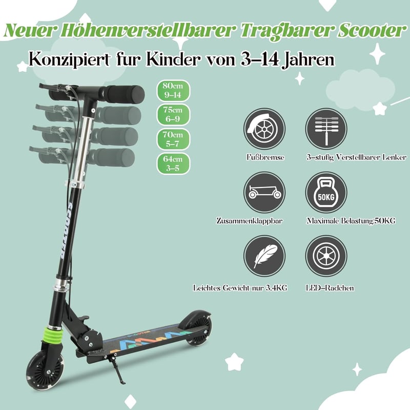 TENBOOM Összecsukható Gyerekroller 3 Éves Kortól, LED Kerekek, Magasságállítható