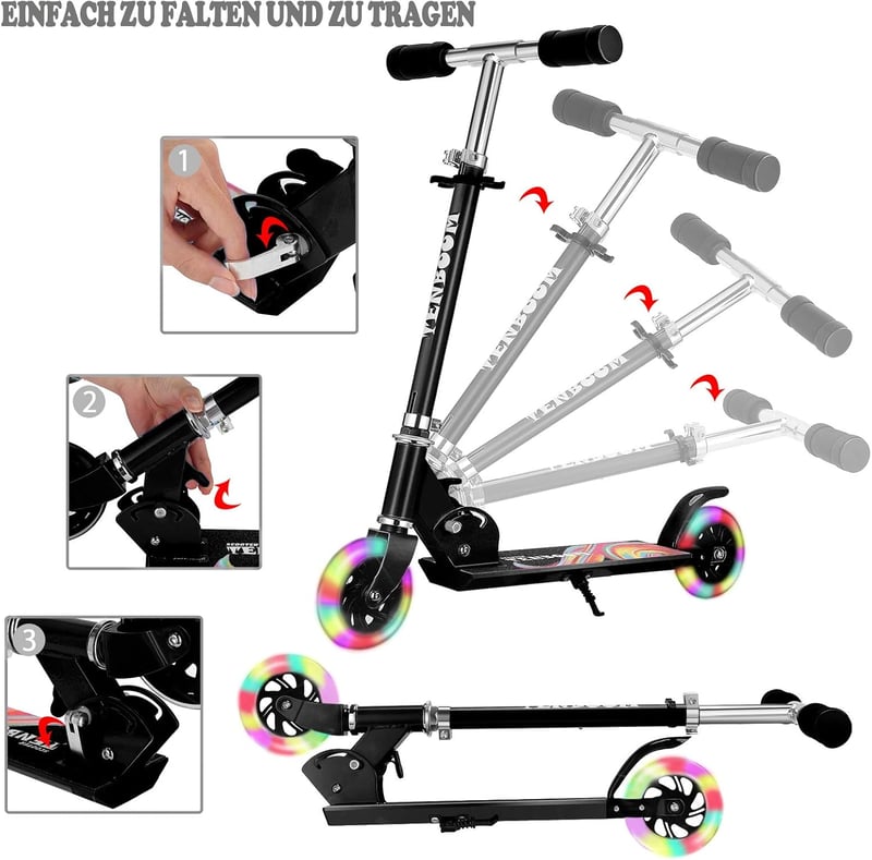 TENBOOM összecsukható gyermek roller 3 éves kortól, LED kerekek, magasságállítható - LED black.