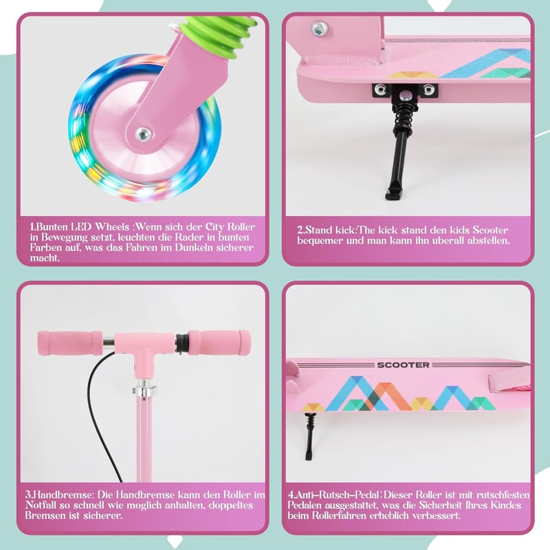 TENBOOM összecsukható gyermek roller 3 éves kortól, LED kerekek, magasságállítható - Pink (pink-1)