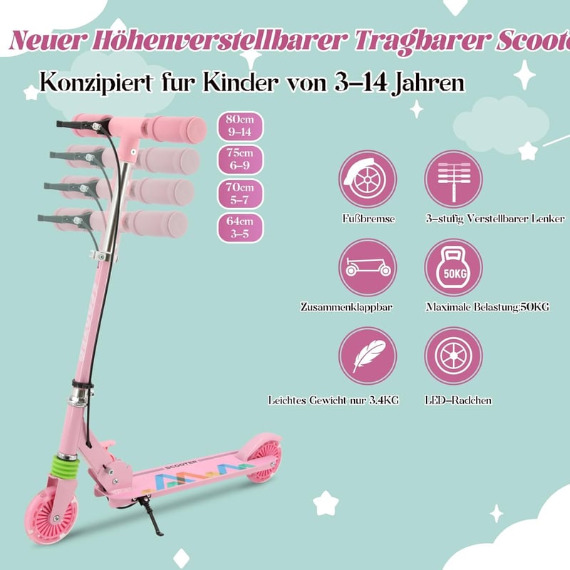 TENBOOM összecsukható gyermek roller 3 éves kortól, LED kerekek, magasságállítható - Pink (pink-1)