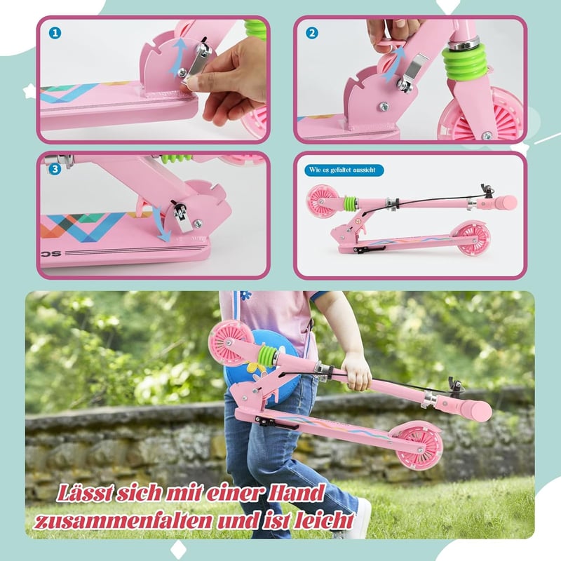 TENBOOM összecsukható gyermek roller 3 éves kortól, LED kerekek, magasságállítható - Pink (pink-1)