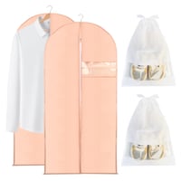 Set 2 Huse de Protecție Lungi pentru Haine Tenbrachian 120x60 cm și 2 Saci pentru Încălțăminte, Husă cu Fermoar pentru Costume, Husă Antimolii pentru Depozitarea Hainelor și Cămășilor, Roz și Alb 1