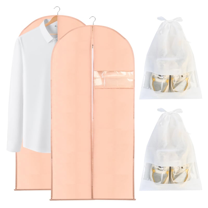 Set 2 Huse de Protecție Lungi pentru Haine Tenbrachian 120x60 cm și 2 Saci pentru Încălțăminte, Husă cu Fermoar pentru Costume, Husă Antimolii pentru Depozitarea Hainelor și Cămășilor, Roz și Alb