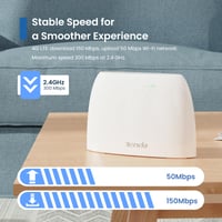 4G LTE router Tenda 4G03 pre SIM kartu, CAT4 150 Mbps sťahovanie, 300 Mbps 2,4 GHz, 2 porty Fast Ethernet, Plug and Play, IPv6, sieť pre hostí, biela 3