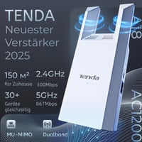 WiFi zosilňovač signálu Tenda A18, dvojpásmový AC1200 Mbit/s (867 Mbit/s 5 GHz + 300 Mbit/s 2,4 GHz), pokrytie 150 m², kompatibilný s FritzBox 2