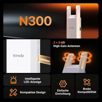 Tenda A9 WiFi erősítő 300Mbps, 120m² lefedettség, Ethernet port, WPS, FritzBox kompatibilis - A9|N300 2