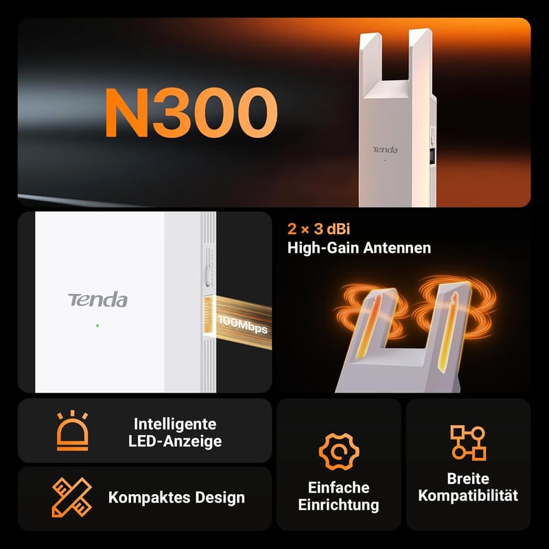 Tenda A9 WiFi erősítő 300Mbps, 120m² lefedettség, Ethernet port, WPS, FritzBox kompatibilis - A9|N300