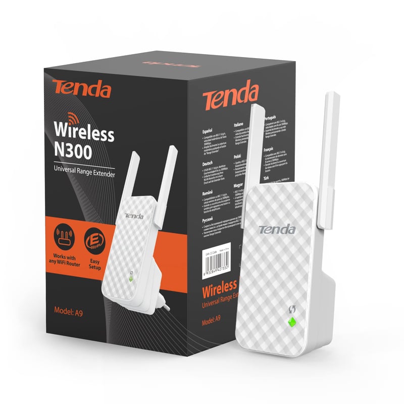 WiFi zosilňovač signálu Tenda A9 Repeater 300 Mbps, 2 externé antény, WPS, biely