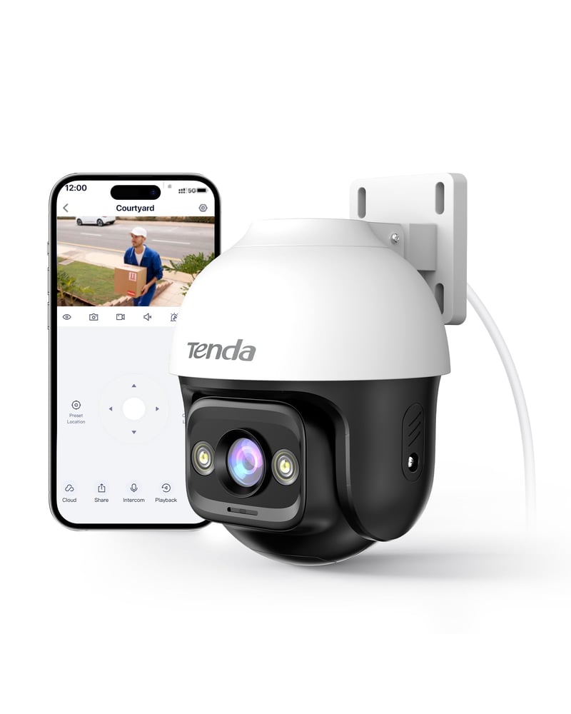Tenda CH3 3MP WiFi vonkajšia bezpečnostná kamera, 360°, biela, nočné videnie, obojsmerné audio, AI detekcia pohybu, ONVIF, kompatibilná s Alexa