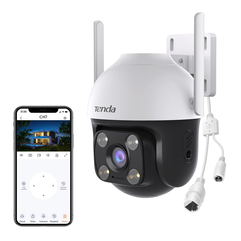 Vonkajšia WiFi bezpečnostná kamera Tenda CH7 2K+ 4MP, farebné nočné videnie, detekcia vozidiel a pohybu, obojsmerný prenos zvuku, svetelný a zvukový alarm, ovládanie cez aplikáciu