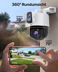 Tenda CH9 vonkajšia WiFi 6 bezpečnostná kamera, duálny objektív 2K+2K, PTZ 360°, farebné nočné videnie, detekcia osôb a vozidiel, zvuková signalizácia, IP65, lokálne úložisko 3