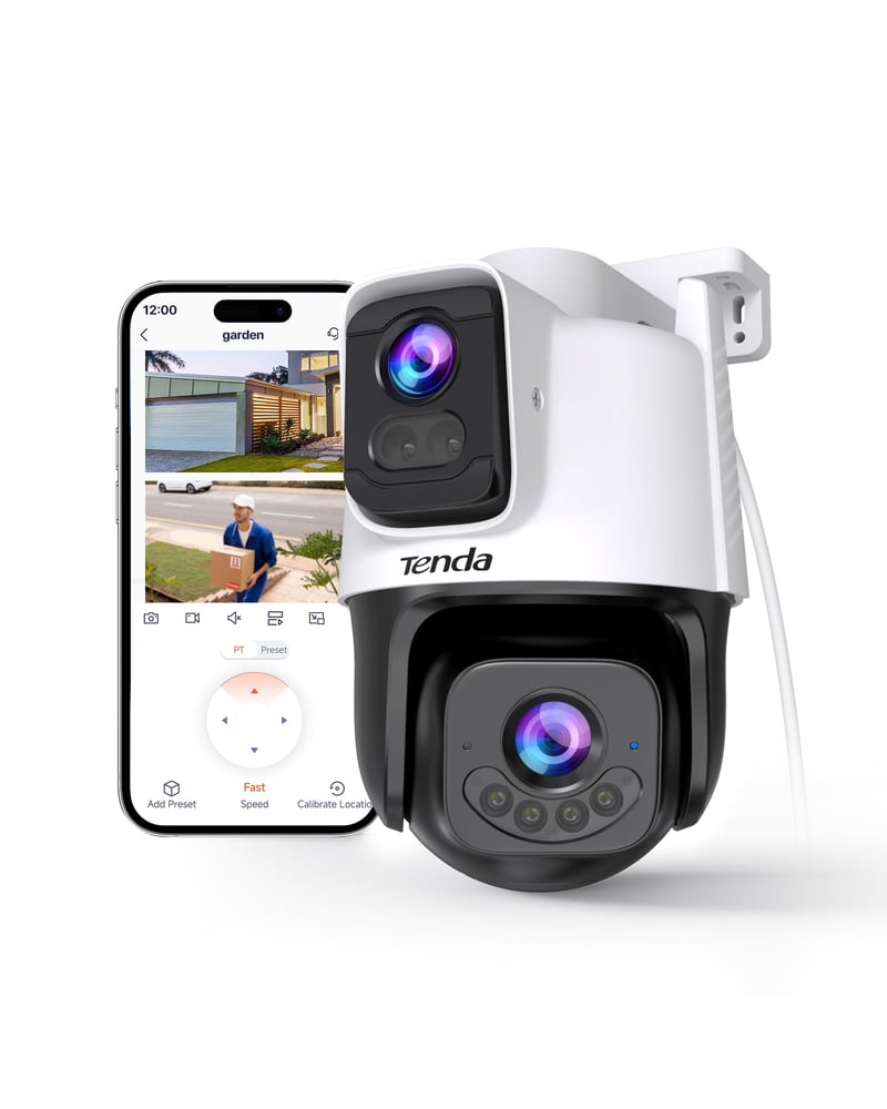 Tenda CH9 vonkajšia WiFi 6 bezpečnostná kamera, duálny objektív 2K+2K, PTZ 360°, farebné nočné videnie, detekcia osôb a vozidiel, zvuková signalizácia, IP65, lokálne úložisko