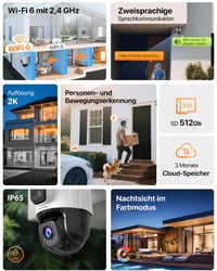 Tenda CH9 vonkajšia WiFi 6 bezpečnostná kamera, duálny objektív 2K+2K, PTZ 360°, farebné nočné videnie, detekcia osôb a vozidiel, zvuková signalizácia, IP65, lokálne úložisko 2