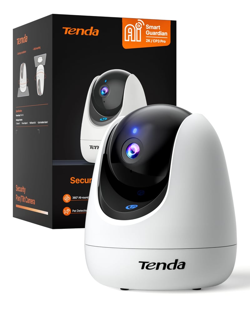 Interiérová bezpečnostná WiFi kamera Tenda CP3 Pro 2K, WiFi 6, 360° automatické sledovanie, nočné videnie 12 m, detekcia plaču a pohybu, 512 GB SD, Alexa, biela