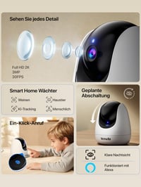 Interiérová bezpečnostná WiFi kamera Tenda CP3 Pro 2K, WiFi 6, 360° automatické sledovanie, nočné videnie 12 m, detekcia plaču a pohybu, 512 GB SD, Alexa, biela 2