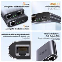 Tenda SG103M gigabitový LAN prepínač, 2-portový ethernetový rozbočovač, RJ45 hub s USB napájacím káblom, IGMP Snooping, QoS, hliníkové puzdro, pre router a počítač 6