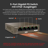 Switch Gigabit Tenda TEG1105PD cu 5 porturi, fără sursă de alimentare, 4x ieșiri PoE, 1x intrare PoE, fără ventilator, Plug and Play 2