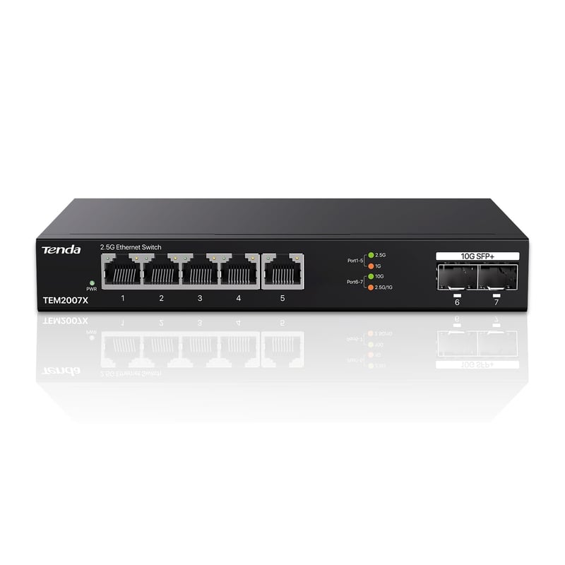 Switch Gigabit Tenda TEM2007X 2,5G cu 5 porturi 2,5G și 2 porturi 10G SFP+, Switch LAN neadministrat, Plug and Play, fără ventilator, negru, carcasă metalică