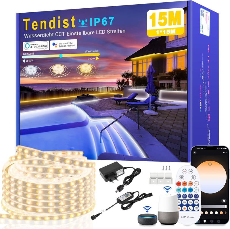TENDIST LED szalag 15m kültéri meleg-hideg fehér dimmelhető WiFi Alexa