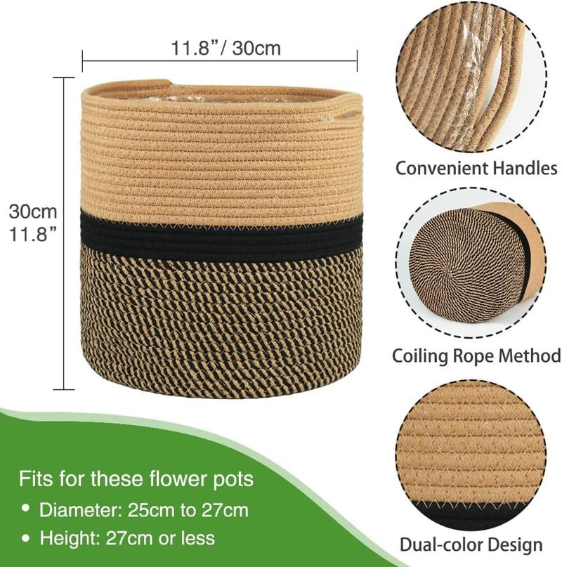 Coș de depozitare textil Tenn Well 30 cm cu inserție pentru ghiveci, bumbac, negru-maro