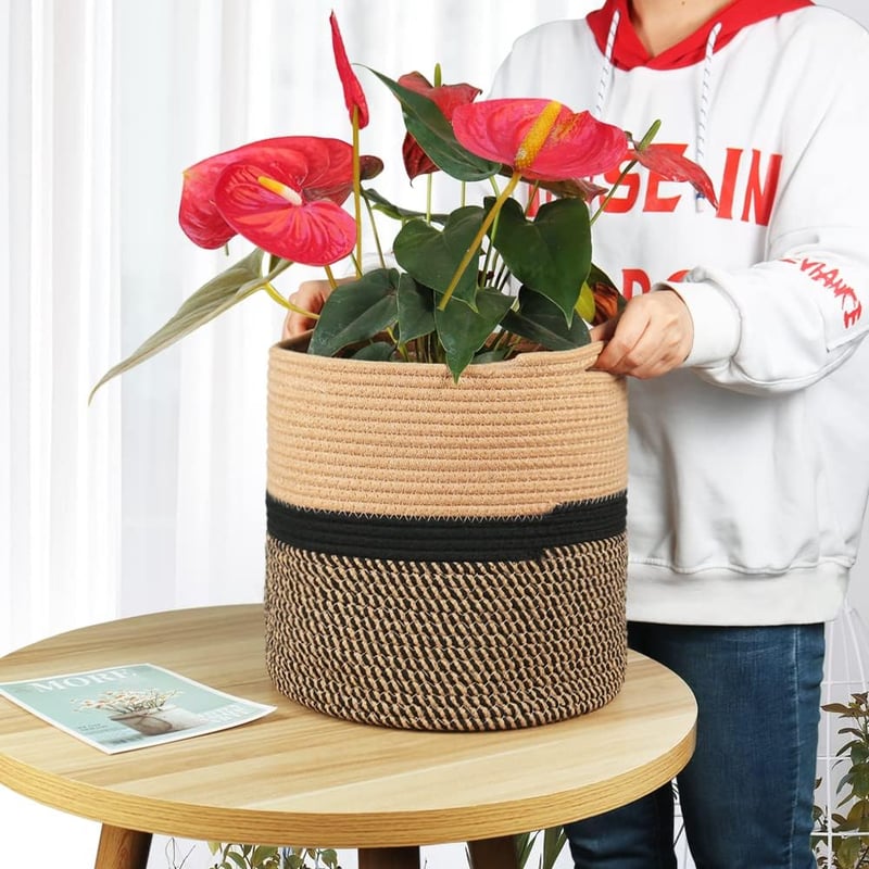 Coș de depozitare textil Tenn Well 30 cm cu inserție pentru ghiveci, bumbac, negru-maro