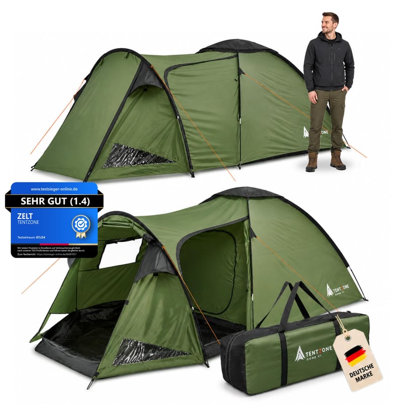 TentZone Dome 01 Nepremokavý stan 4000mm, kupolový kempingový stan pre 2-3 osoby s predsieňou, odnímateľnou podlážkou a vetracími otvormi, zelený