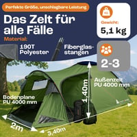 TentZone Dome 01 Nepremokavý stan 4000mm, kupolový kempingový stan pre 2-3 osoby s predsieňou, odnímateľnou podlážkou a vetracími otvormi, zelený 8