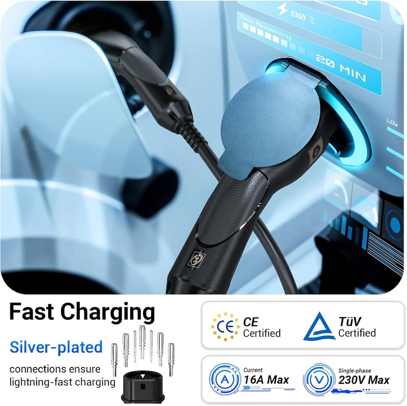 Tera EV Type 2 Töltőkábel 22kW 32A 7m 3-fázis Mennekes IP55 Elektromos Autóhoz - 7 Meter Kabel, 22 kW, Three-phase current: 32 A