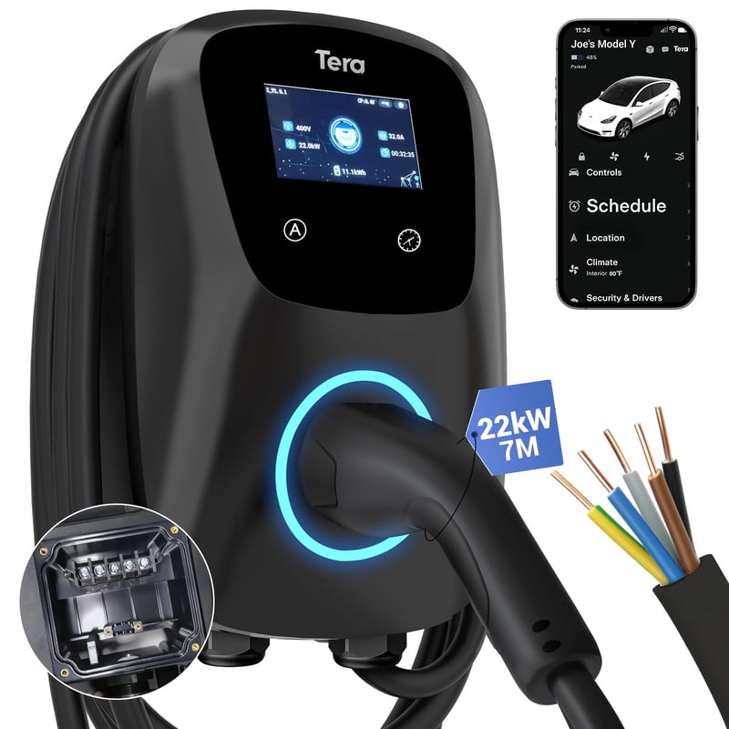 Tera W01 EV Wallbox Okos Töltőállomás 22kW 32A Type 2 400V 7m Kábellel App Vezérléssel CE TÜV Minősítéssel Minden EV és PHEV Autóhoz Fekete