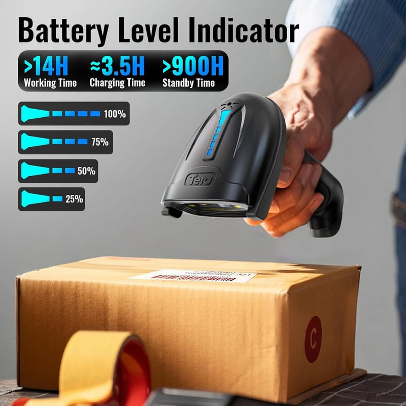 Tera Wireless Vonalkód Olvasó 1D Lézeres Ergonomikus 2000mAh Akkumulátorral
