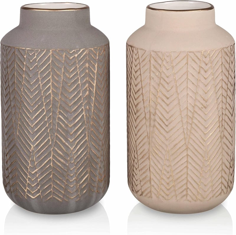 TERESA'S COLLECTIONS Kerámia Váza Szett - Világosszürke és Arany Dekoratív Asztali Vázák Nappaliba, Modern Lakásdekorációhoz, 2 db, 20 cm