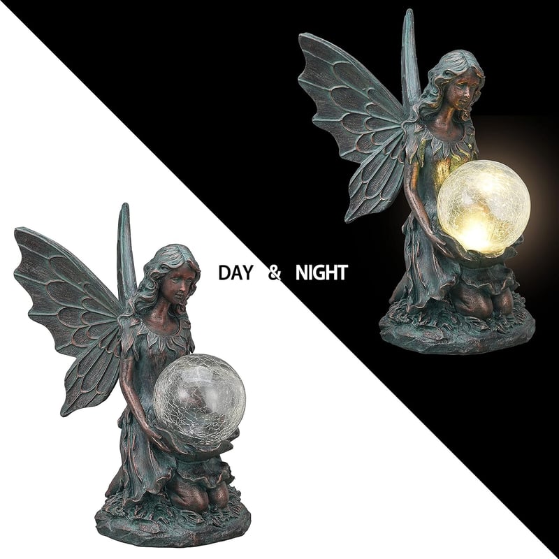 TERESA'S COLLECTIONS Kerti Tündér Szobor - 26 cm Bronz Angyalfigura Napelemes Világítással, Levehető Szárnyakkal, Műgyantából Készült Kültér