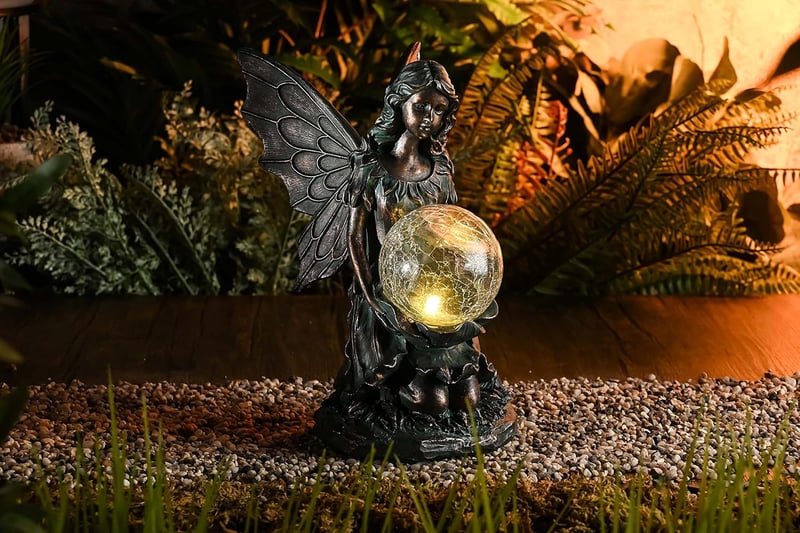 TERESA'S COLLECTIONS Kerti Tündér Szobor - 26 cm Bronz Angyalfigura Napelemes Világítással, Levehető Szárnyakkal, Műgyantából Készült Kültér