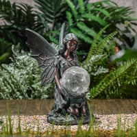 TERESA'S COLLECTIONS Kerti Tündér Szobor - 26 cm Bronz Angyalfigura Napelemes Világítással, Levehető Szárnyakkal, Műgyantából Készült Kültér 2