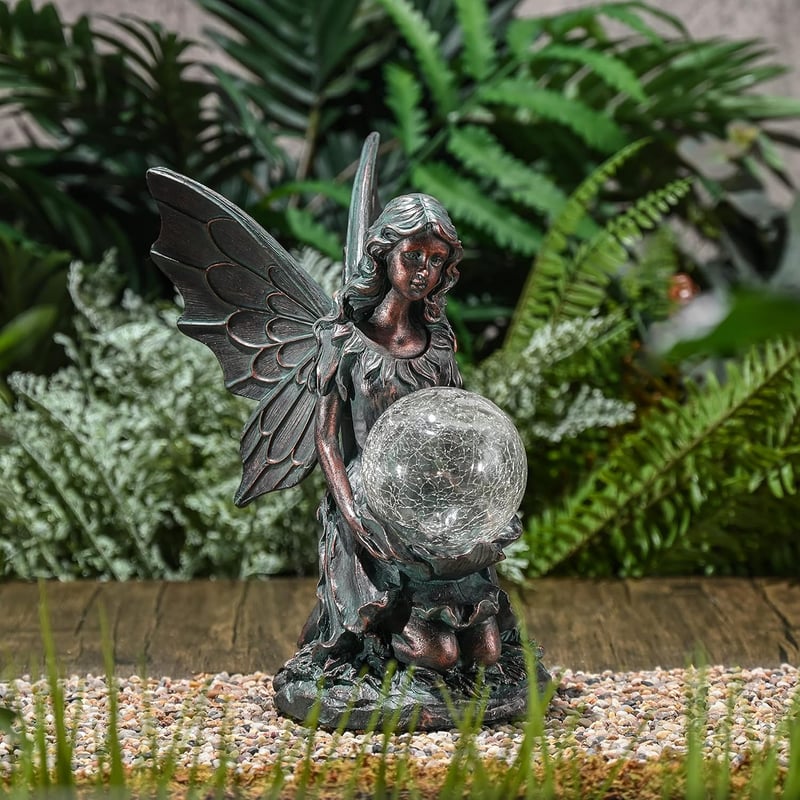 TERESA'S COLLECTIONS Kerti Tündér Szobor - 26 cm Bronz Angyalfigura Napelemes Világítással, Levehető Szárnyakkal, Műgyantából Készült Kültér