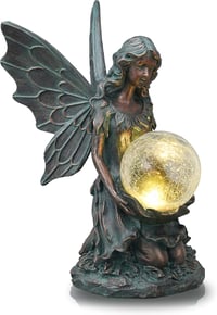 TERESA'S COLLECTIONS Kerti Tündér Szobor - 26 cm Bronz Angyalfigura Napelemes Világítással, Levehető Szárnyakkal, Műgyantából Készült Kültér 1