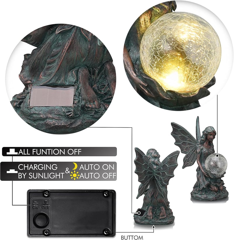 TERESA'S COLLECTIONS Kerti Tündér Szobor - 26 cm Bronz Angyalfigura Napelemes Világítással, Levehető Szárnyakkal, Műgyantából Készült Kültér