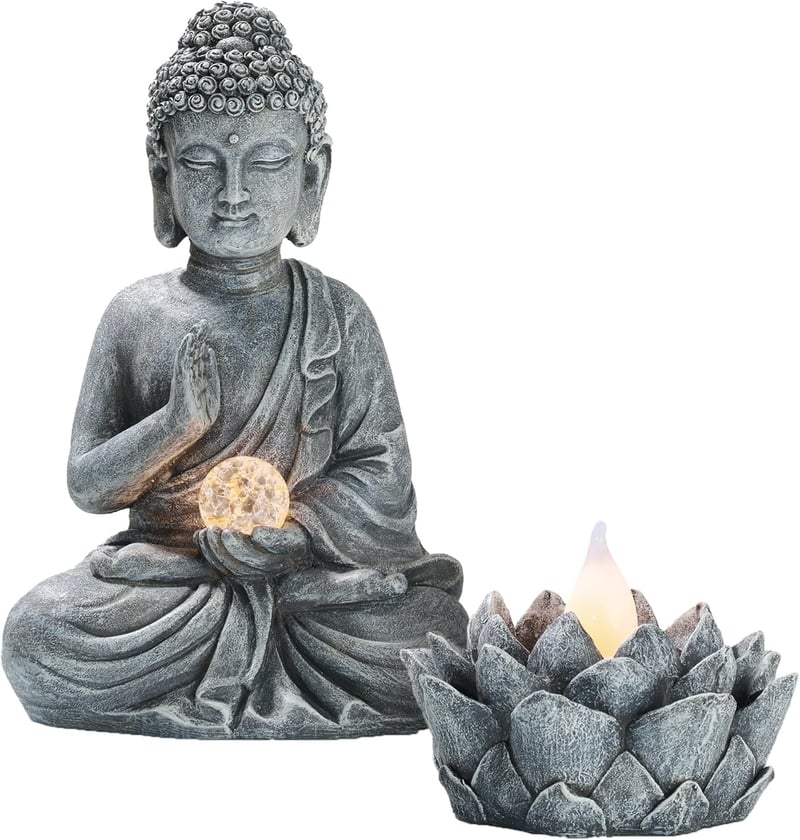 TERESA'S COLLECTIONS meditáló Buddha szobor napelemes lótusszal, 2 db - 38 cm