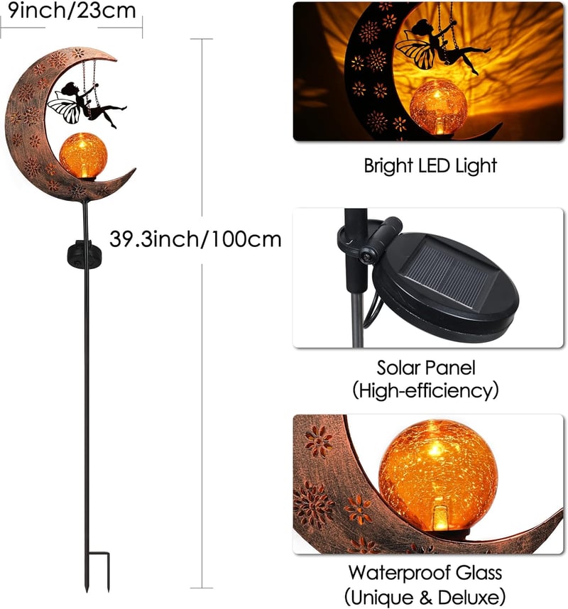 TERESA'S COLLECTIONS Napelemes Kerti Lámpa, 100 cm Magas Fémes Holdas LED Üveggolyó Vízálló Kültéri Világítás