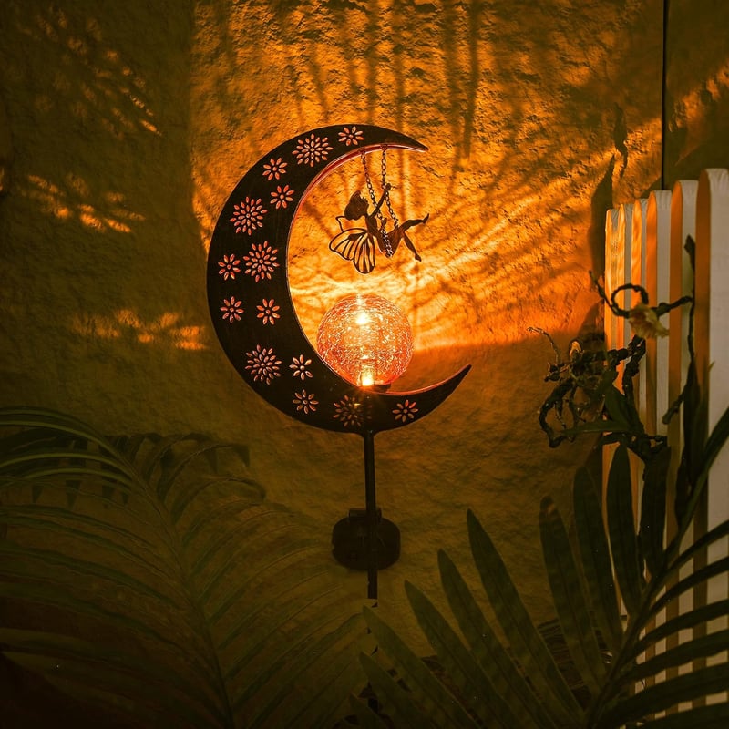 TERESA'S COLLECTIONS Napelemes Kerti Lámpa, 100 cm Magas Fémes Holdas LED Üveggolyó Vízálló Kültéri Világítás