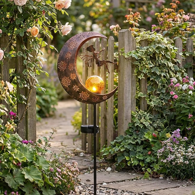 TERESA'S COLLECTIONS Napelemes Kerti Lámpa, 100 cm Magas Fémes Holdas LED Üveggolyó Vízálló Kültéri Világítás