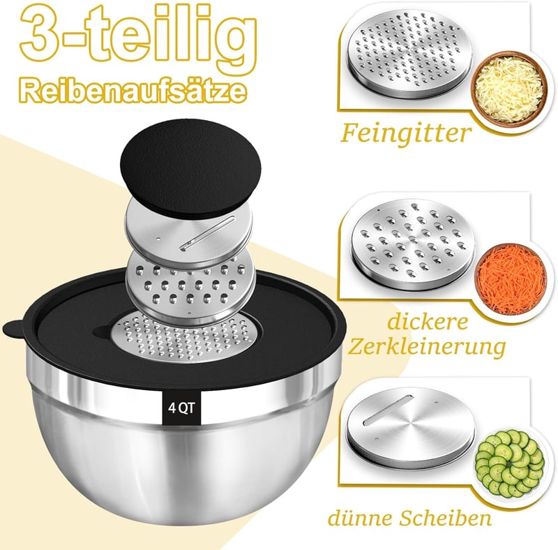 Terlulu 5 részes rozsdamentes acél keverőtál készlet légmentes fedéllel, 3 reszelő betéttel, 0,7-4,5L, egymásba rakható, mosogatógépben mosh