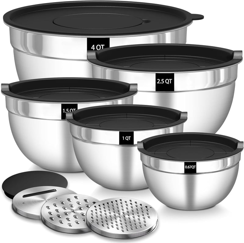 Terlulu 5 részes rozsdamentes acél keverőtál készlet légmentes fedéllel, 3 reszelő betéttel, 0,7-4,5L, egymásba rakható, mosogatógépben mosh