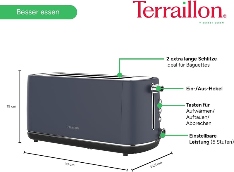 TERRAILLON New Moon hosszú kenyérpirító, 2 extra nagy nyílás, 6 fokozat, 1550W, rozsdamentes acél, kék