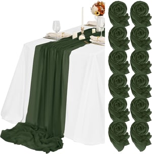 Teruntrue 12 bucăți drum de masă verde vânătoresc, 55 x 300 cm, față de masă boho din material tip tifon, aspect natural și fin, decorațiune de masă pentru nuntă, petrecere, baby shower