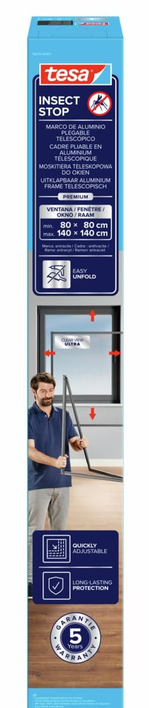 tesa Insect Stop FALT komarnik za prozore – sklopivi aluminijski okvir, teleskopski, 80-140 cm, antracit