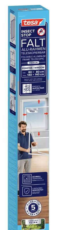 tesa Insect Stop FALT mrežica za prozore – sklopivi aluminijski okvir, bijela, 80-140 cm, teleskopska, montaža bez bušenja 1